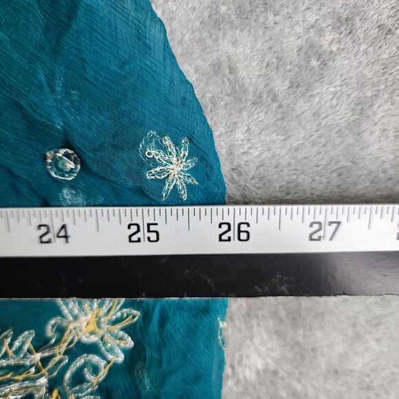 Handcrafted Teal & Gold Embroidered Sheer Shawl With Floral Motifs - Picture 7 of 9